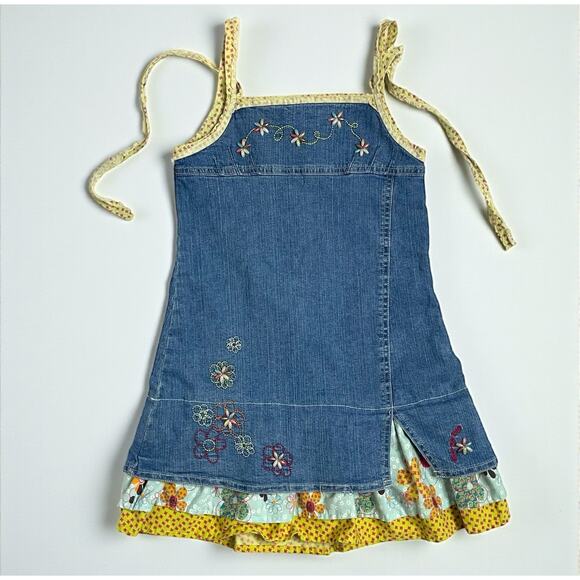 Deux par Deux Girls Denim Dress 6Y Beaded Floral Ruffle Artisan Cottagecore - Picture 1 of 6